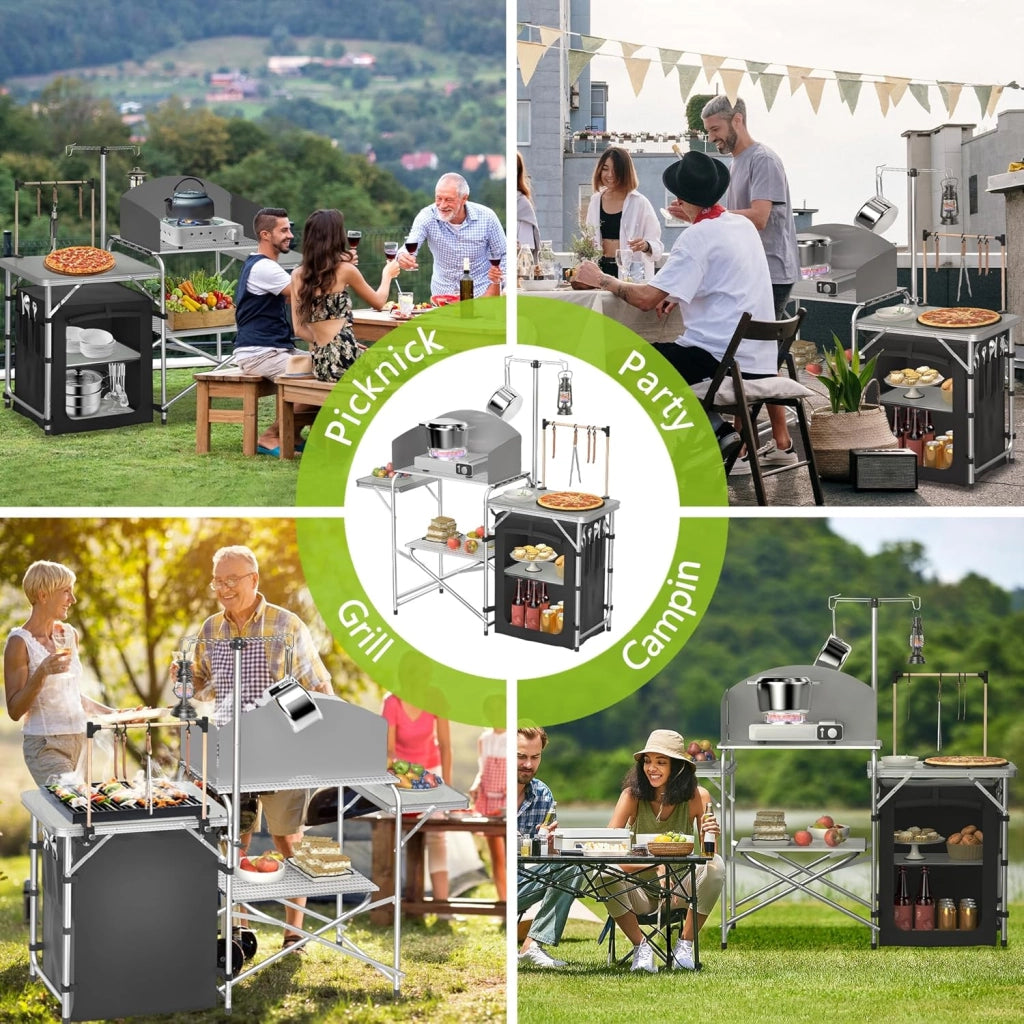 FIVMEN Cucina da Campeggio Pieghevole, Armadietto da Campeggio in Alluminio con 3 Piani di Lavoro, Scomparto, Supporto per Luci e 4 Ganci, Armadietto da Cucina per Campeggio all'aperto