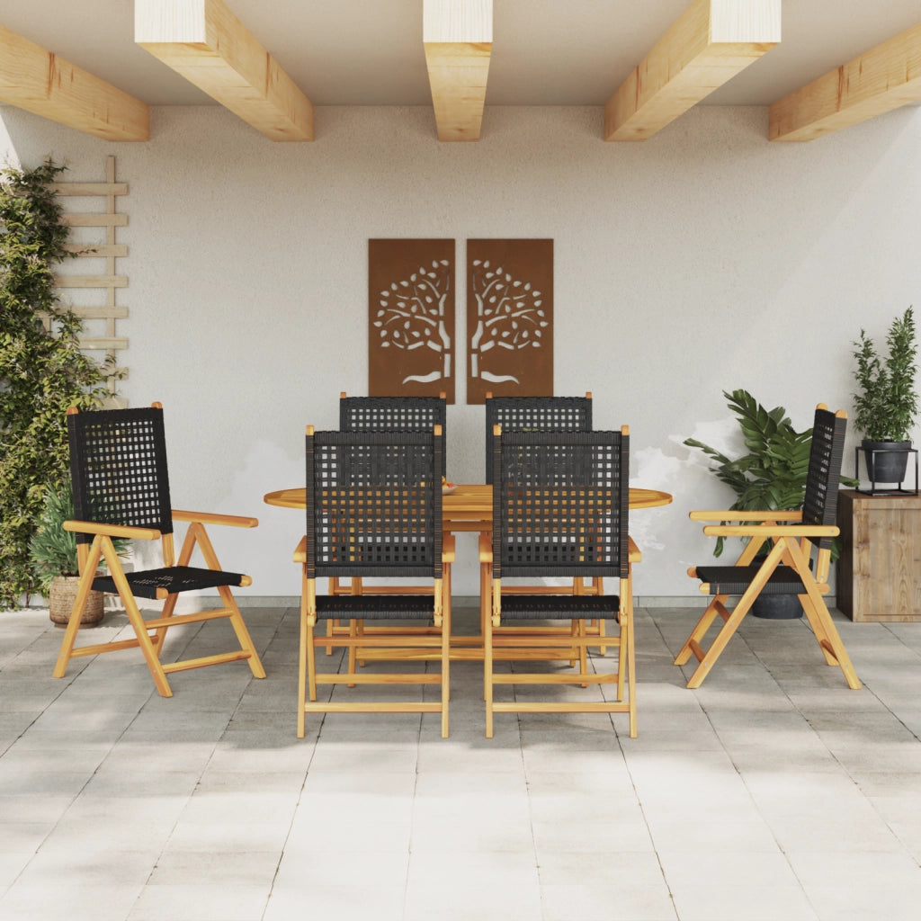 Set da Pranzo da Giardino da 7 Pezzi in Nero Legno Massello di Acacia e Polyrattan