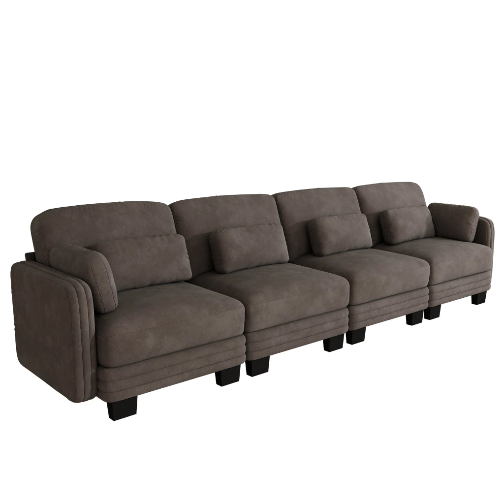Divano modulare lineare 4 posti 330x88x88 cm con cuscini lombari e bracciolo in chenille marrone
