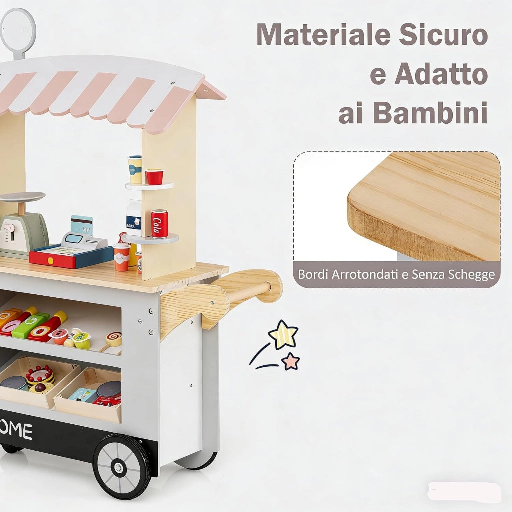 Bancarella Giocattolo per Bambini in Legno, Supermercato Giocattolo per Bambini con POS Bilancia Mensole e Ripiani, 1 Ruota Piroettante e 2 Ruote Grandi, 3 Anni+ (Grigio)