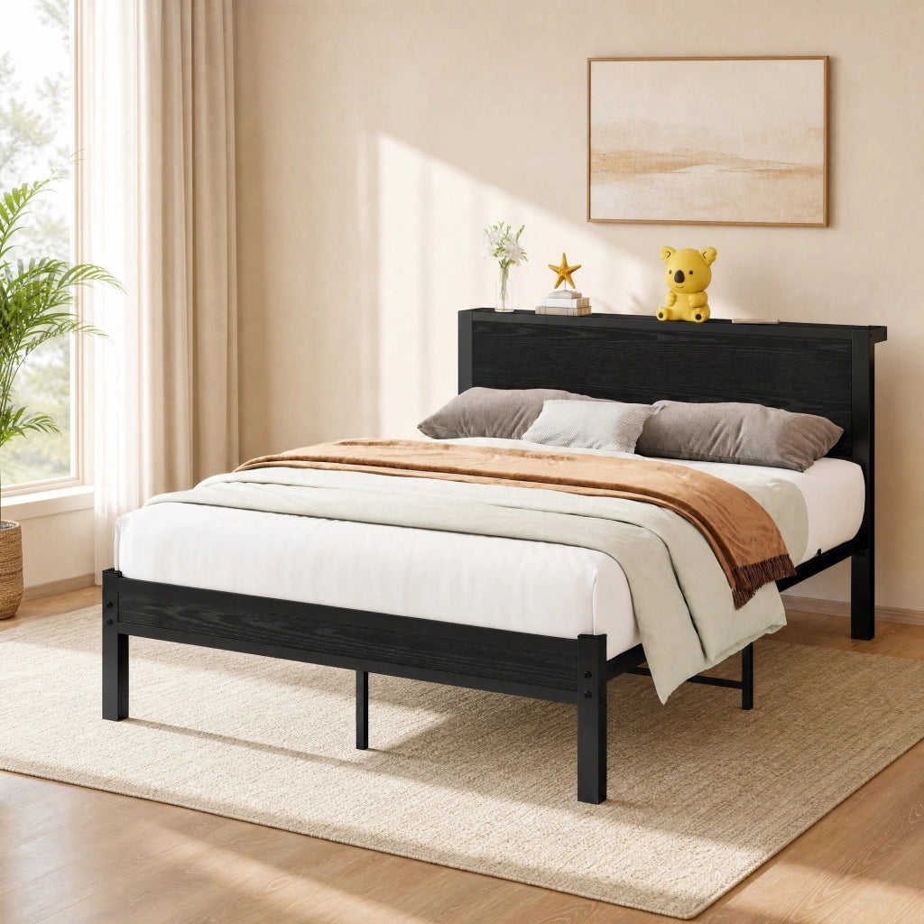 LETTO Singolo 140x200 cm in MDF e Metallo Nero con spazio contenitore