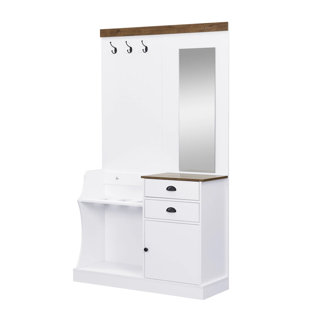 Mobile Ingresso con Specchio; 1 Anta; 2 Cassetti; Portaombrelli e Appendini; Stile Moderno; in Pannello di Particelle; Bianco; 110;5??38??191 cm