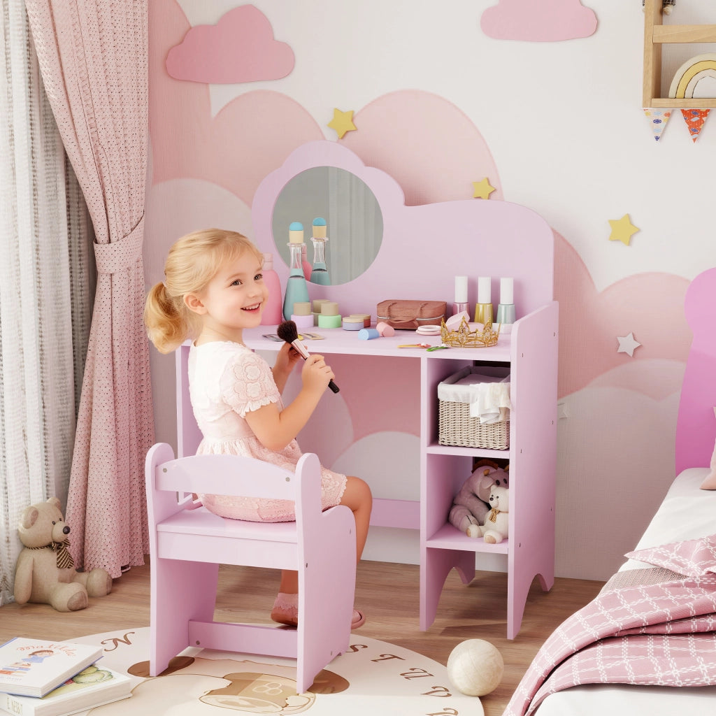 Tavolino da trucco con specchio a forma di fiore e sgabello ¨C Xylo ¨C Rosa con scaffale