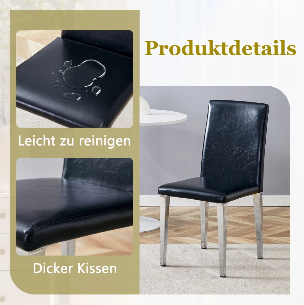 Set di 4 sedie da pranzo moderne in PU nero e metallo argento