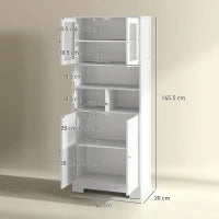 Credenza Cucina con 2 Armadietti e 3 Vani Aperti, Ante a Vetro e Ripiani Regolabili, 60x30x145.5 cm, Bianco