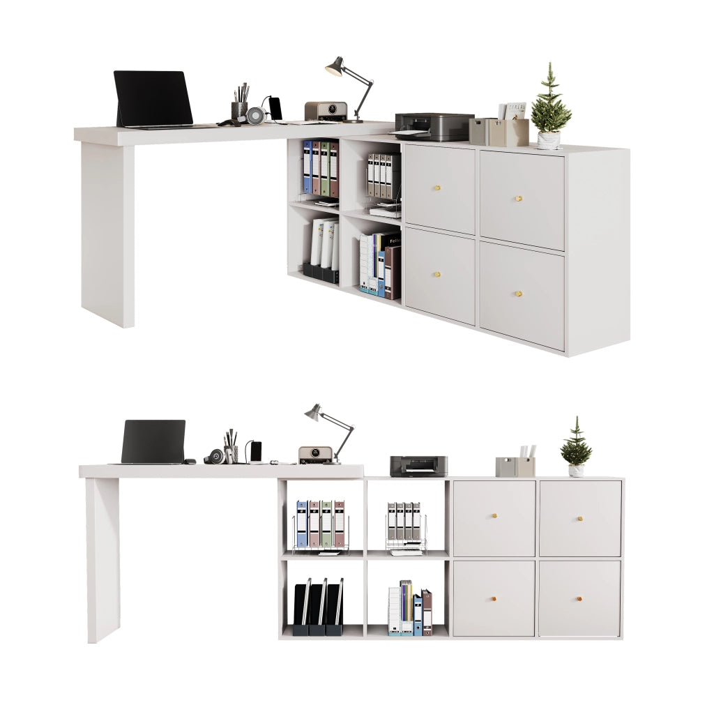 Scrivania angolare girevole 360° in MDF bianco con 4 vani, 4 cassetti, struttura 4 cm, 120×48×78 cm + 140×35×74 cm
