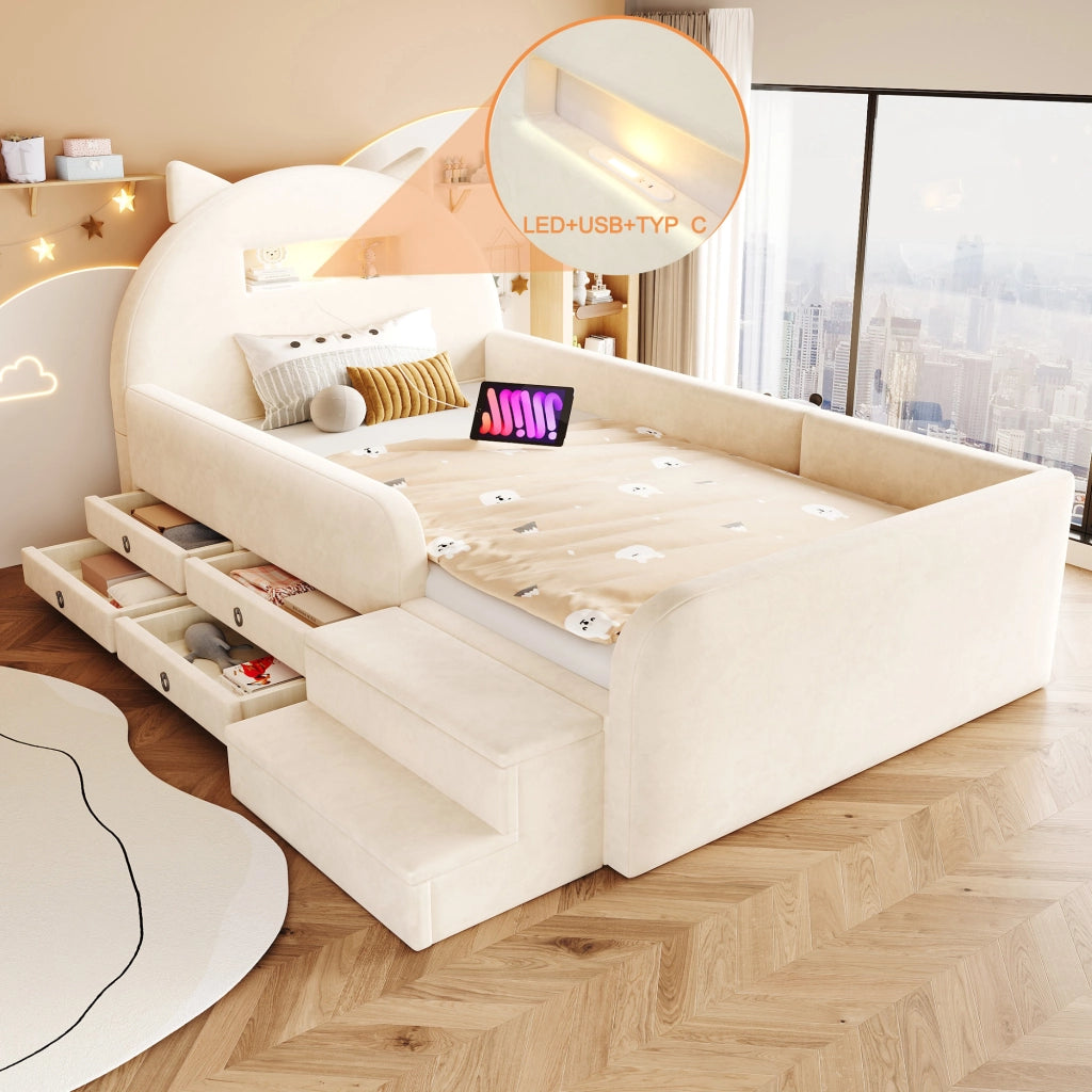 Letto per bambini 90 × 200 cm con testiera a orecchie, 4 cassetti, luce notturna et USB, senza materasso, beige