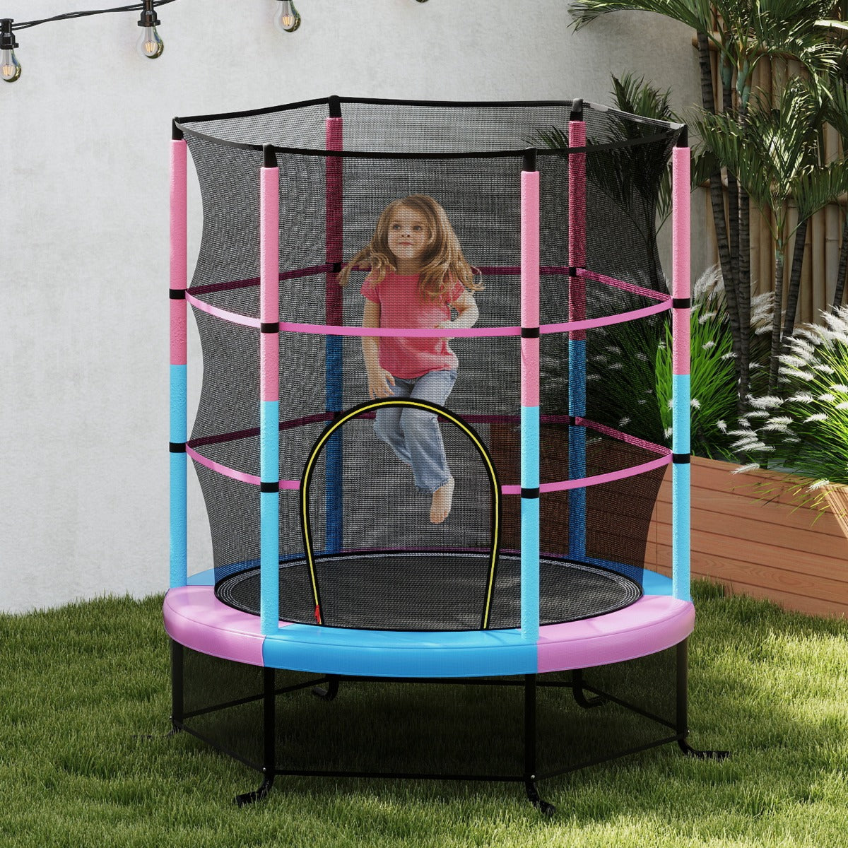Tappeto elastico per bambini con rete di sicurezza in acciaio resistente, Tappeto elastico con struttura Rosa-Trampolini
