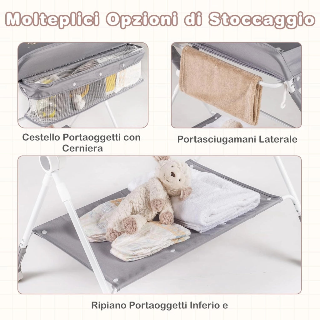 Fasciatoio Pieghevole per Bambini, Fasciatoio Portatile con Altezza Regolabile a 3 Livelli, Fasciatoio Neonato con Ruote di Bloccabili, Ripiano, Porta Asciugamani, per 0-12 Mesi (Grigio)