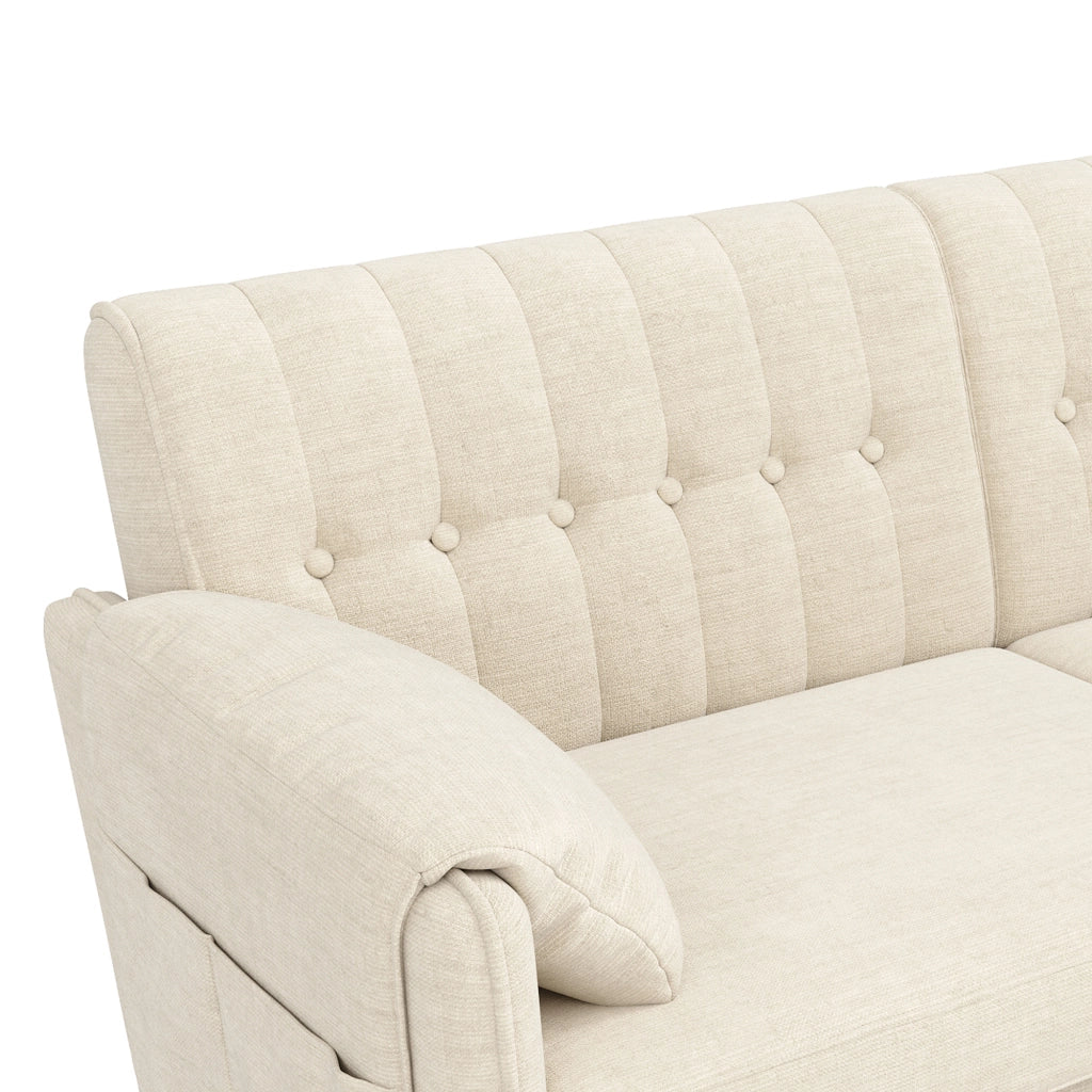 Divano lineare 2 posti - con schienale capitonné e tasche laterali - in chenille beige