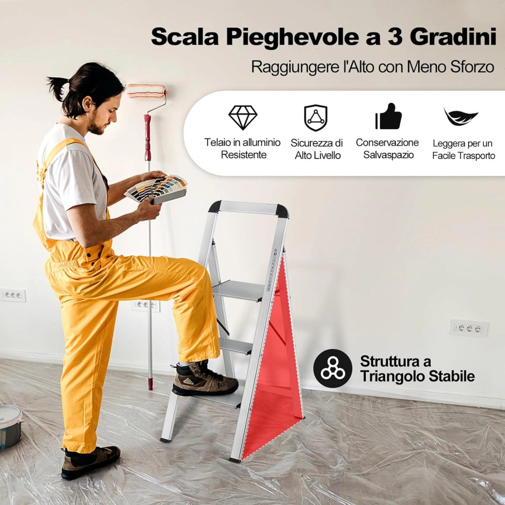 Scala Pieghevole in Alluminio a 3 Gradini, Scaletta Salvaspazio con Corrimano, Ampi Pedali e Piedini Antiscivolo, Telaio in Alluminio Robusto e Leggero, Portata 150kg
