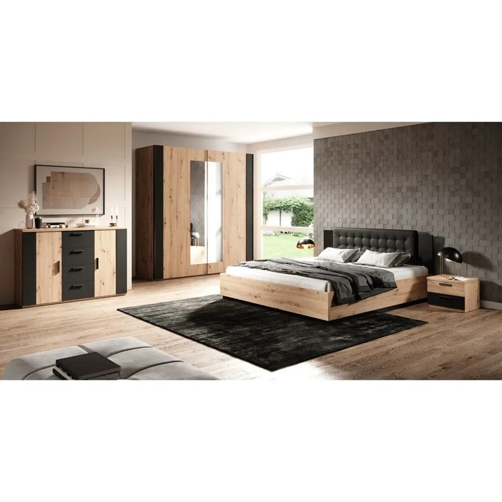 Comodino con due cassetti, collezione FOX. Colori rovere chiaro e nero.