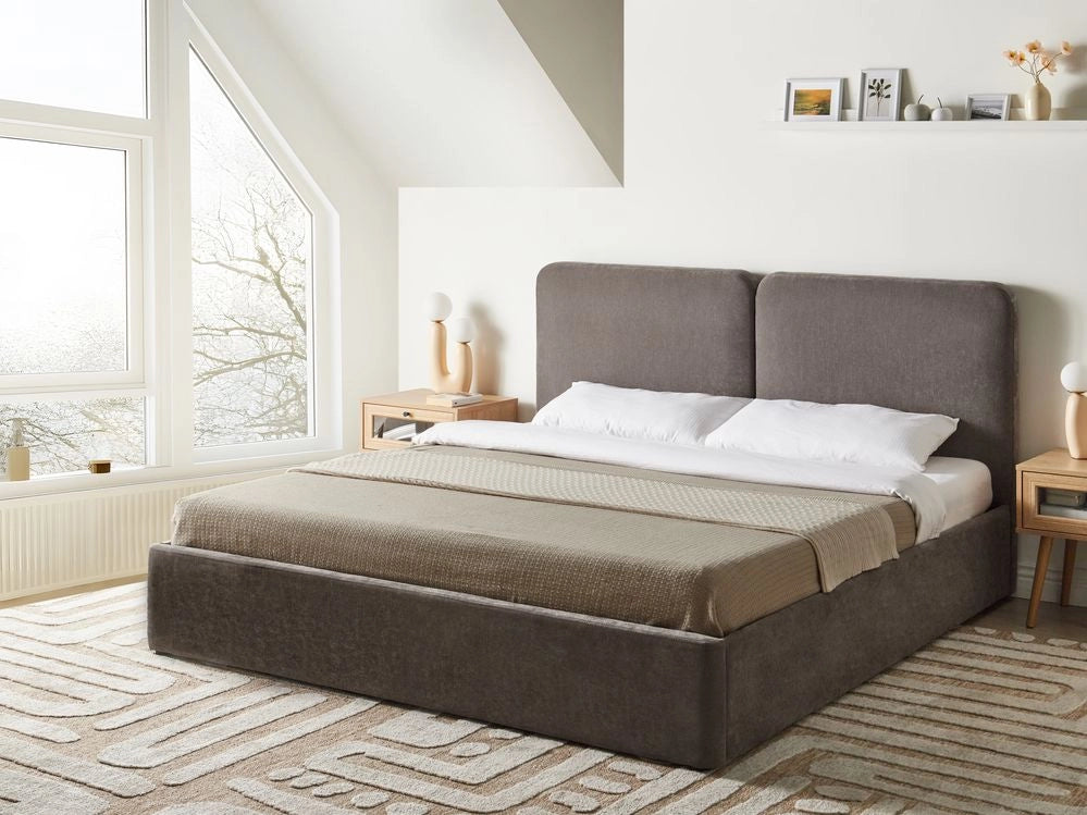 Letto ottomano color tortora in tessuto di ciniglia 180 x 200 cm Testiera imbottita Rete a doghe sollevabile