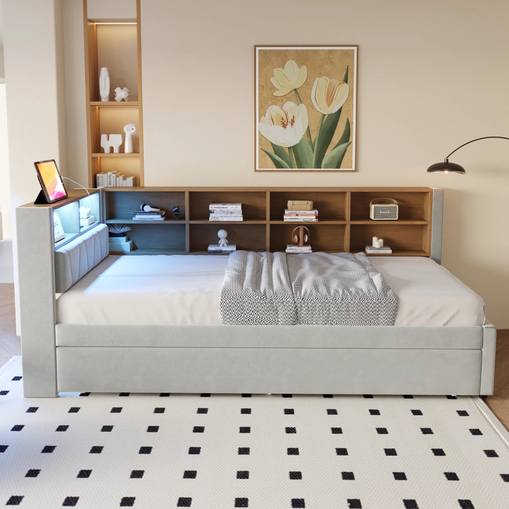 Divano letto con LED, prese e contenitore, 90x200+90x190 cm, flanella grigio chiaro