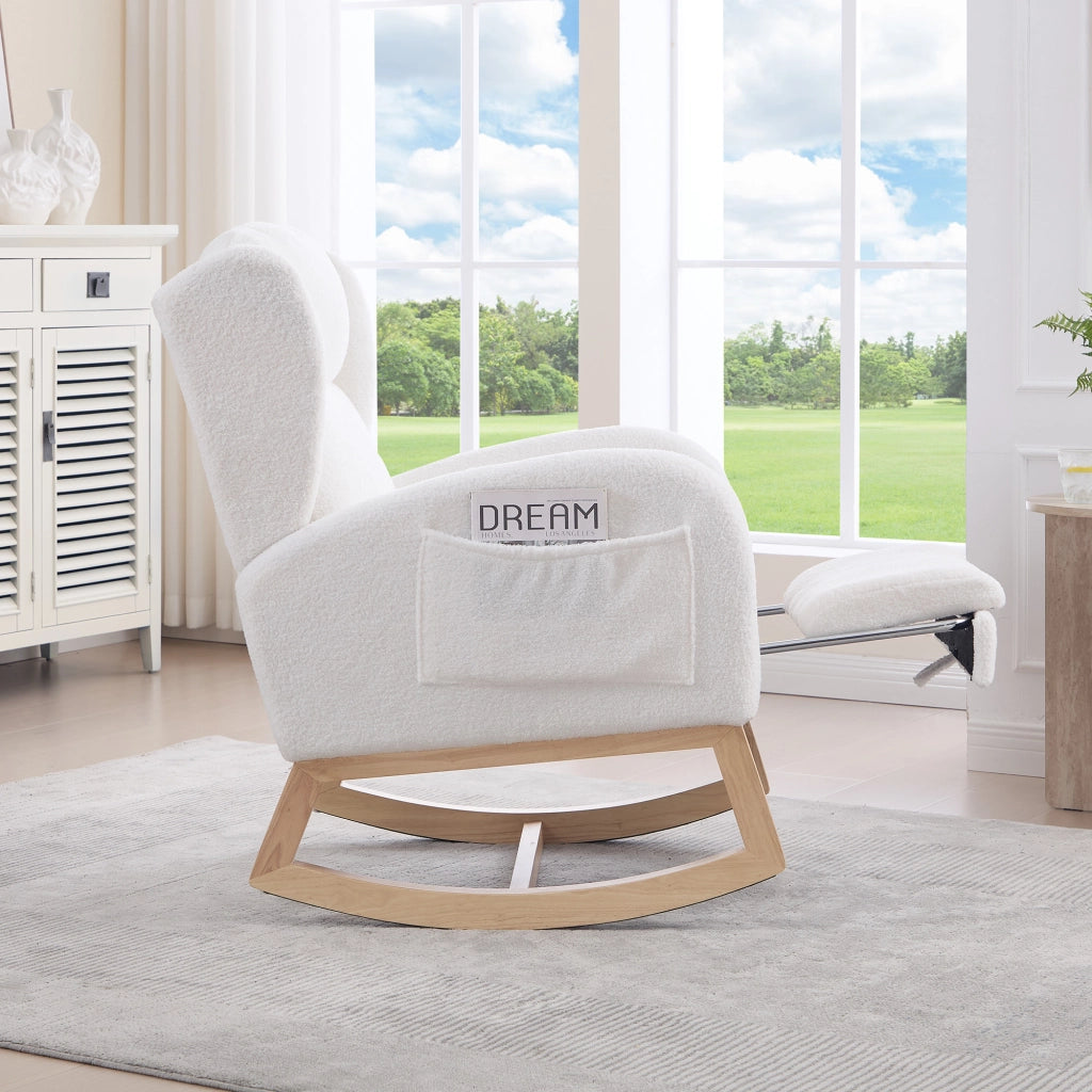 Poltrona a Dondolo con Poggiapiedi ¨C MINIMAL ¨C Tessuto Teddy, Schienale Alto, Bianco