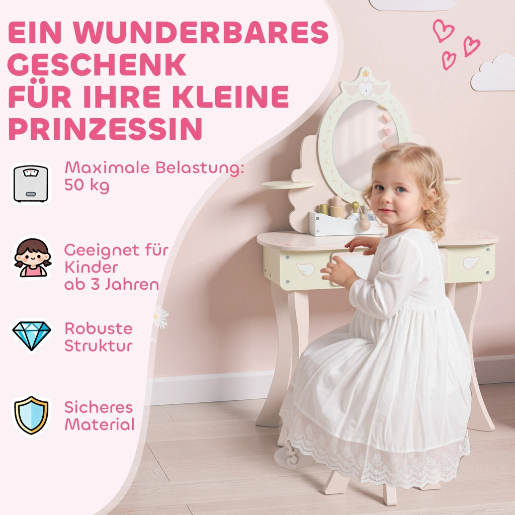 Toeletta bambini con sedia e cassetto ¨C Xylo ¨C rosa MDF con specchio removibile e 7 accessori