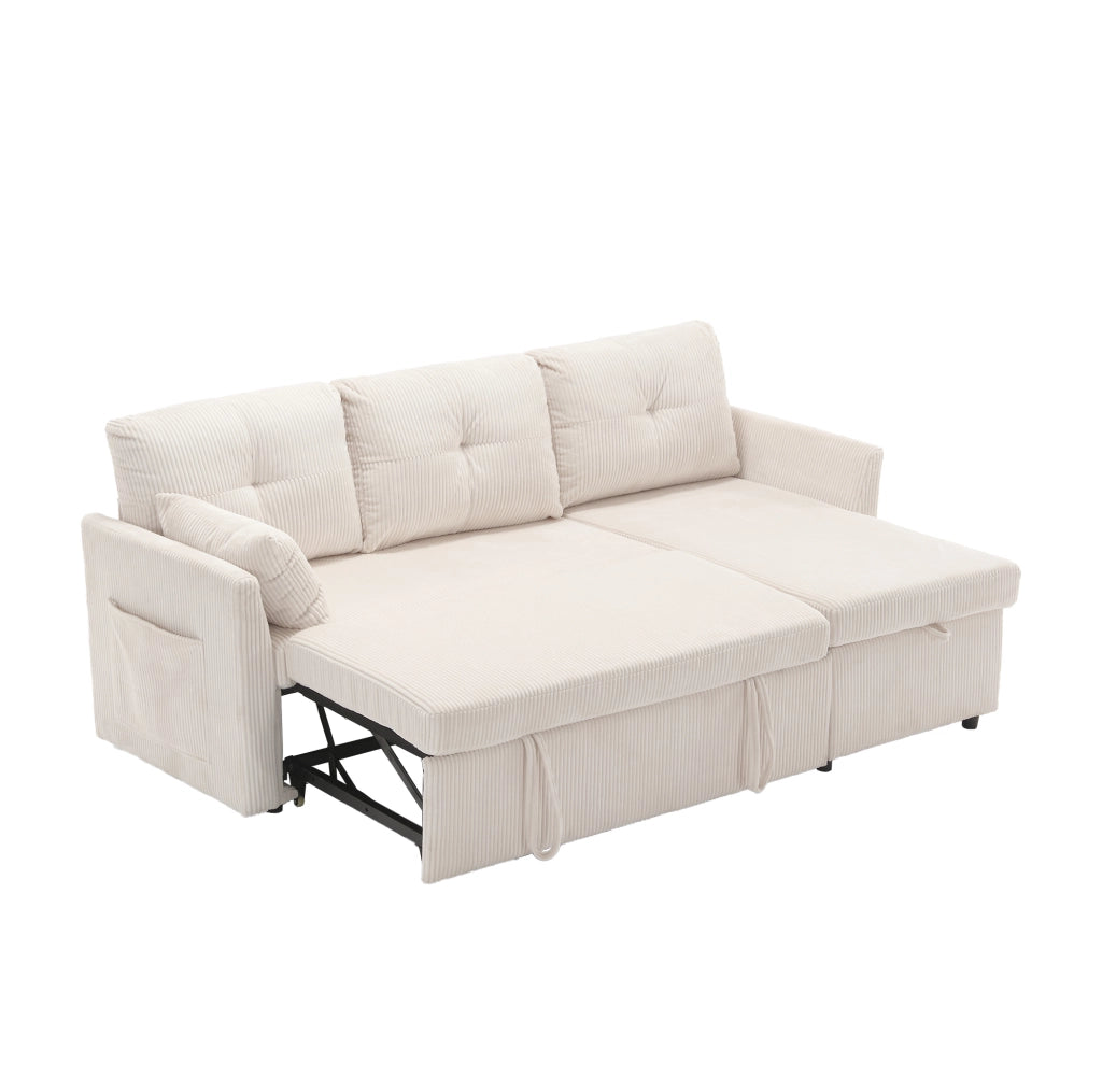Divano letto modulare beige in velluto a coste con contenitore