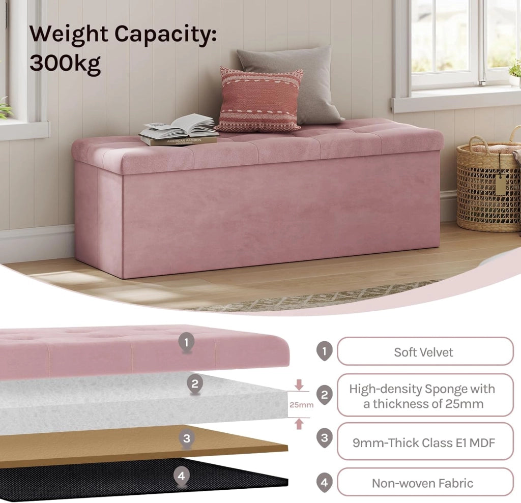 Panche Contenitore per Ingresso Cassapanca Pieghevole Ottomane in Velluto, Max Portata Statica di 300 kg, 118 L, 110x37,5x38 cm, Rosa chiaro