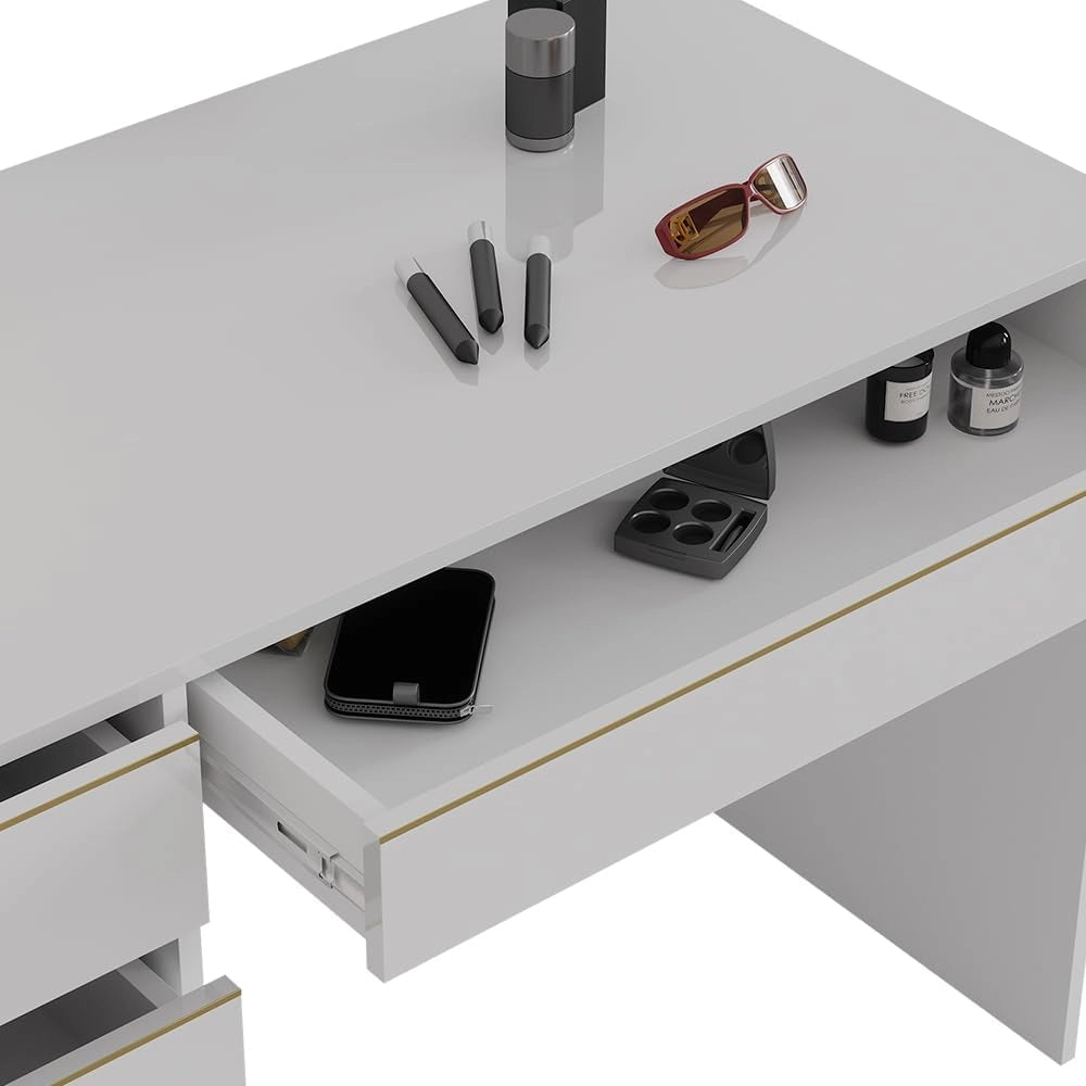 Tavolo da toeletta Sherry, Bianco/Oro, 120 cm Senza specchio, 5 cassetti per diverse esigenze di conservazione