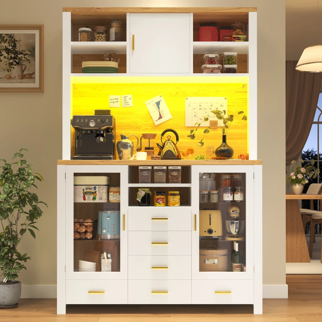 BUFFET 120x40x180 cm in MDF e vetro, bianco effetto legno con LED