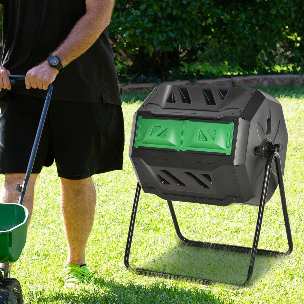 Compostiera da Giardino Girevole 71x65x96 cm a 2 Sezioni con 8 Prese d'Aria Acciaio e PP Nero