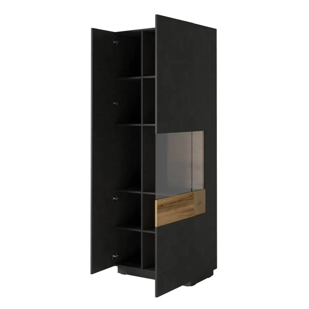 Vetrina collezione KILES colore grigio antracite e rovere. Modello vetrina a destra.