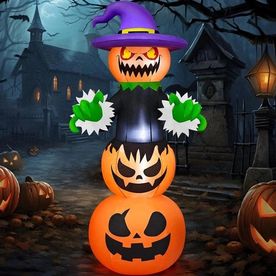Pompa di Halloween da 183 cm gonfiabile per esterno con cappello di strega e led decorazione per Halloween in vendita per feste e partite