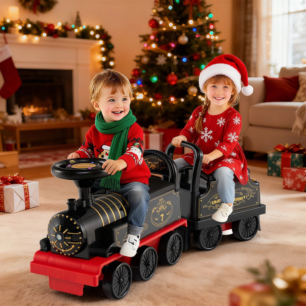Trenino elettrico 6v vagone batteria contenitore sedile poggiapiedi estraibili-Trenino fischietto musica luci led bambini 18+ mesi