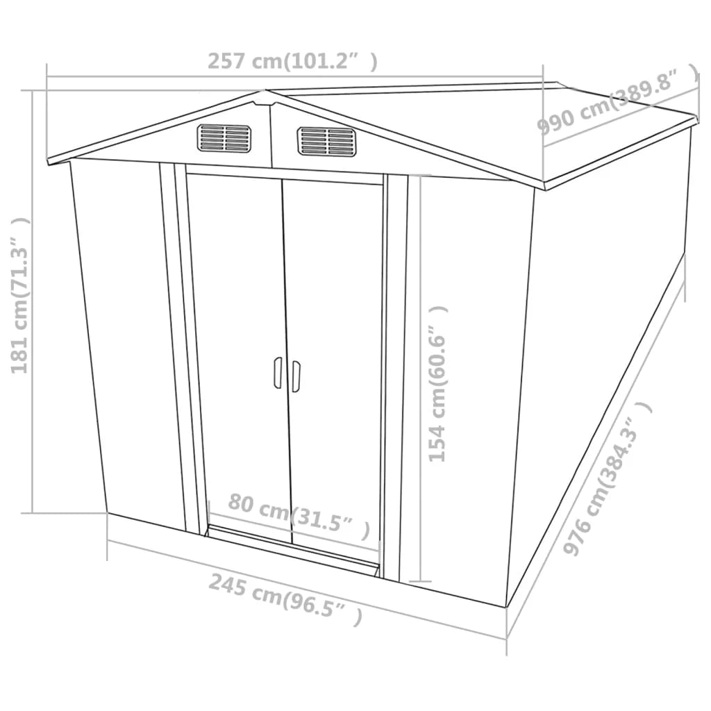 Casetta da giardino cabina ripostiglio casetta da esterno robusta casetta per attrezzi 257 x 990 x 181 cm acciaio zincato grigio 02_0022234