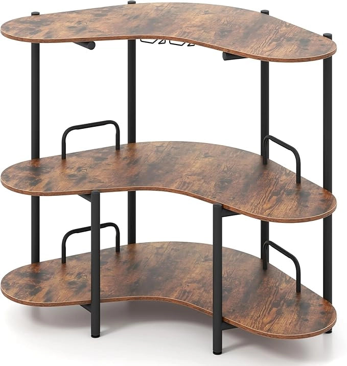 Tavolo da Bar 120 x 66 x 102 cm, Portabottiglie Vino a 3 Ripiani con Portabicchieri e Mensole di Stoccaggio, Isola Cucina Industriale per Bistro (Marrone)