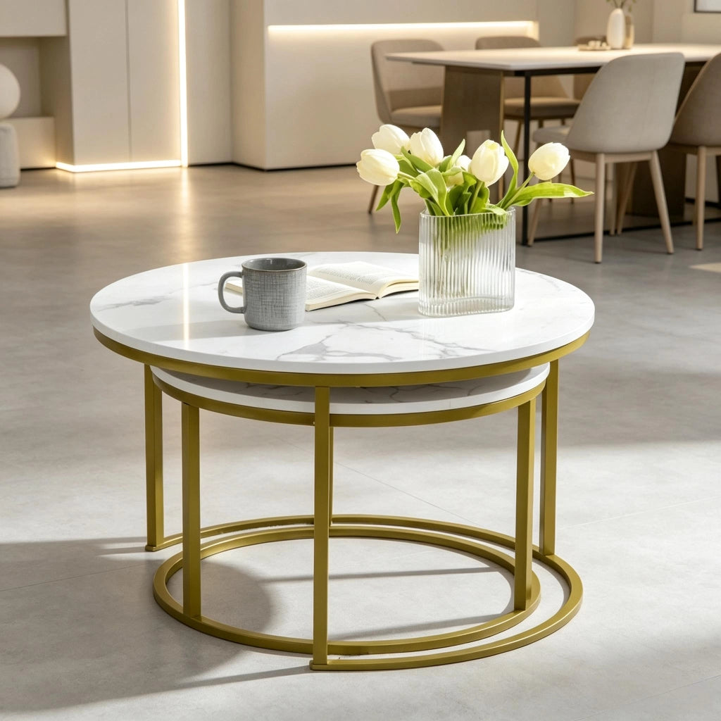 TAVOLINO DA SALOTTO Set da 2 pezzi rotondo Ø 74/59 cm Bianco Oro