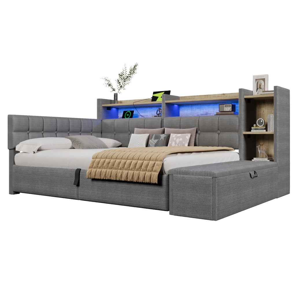 Daybed in velluto 140x200 cm con accumulo idraulico LED e USB-C - Grigio scuro
