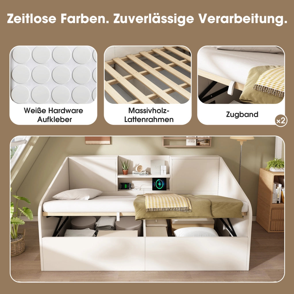 Letto singolo a divano con contenitore idraulico 90x190 cm; 2 ripiani e USB/Type-C; legno bianco