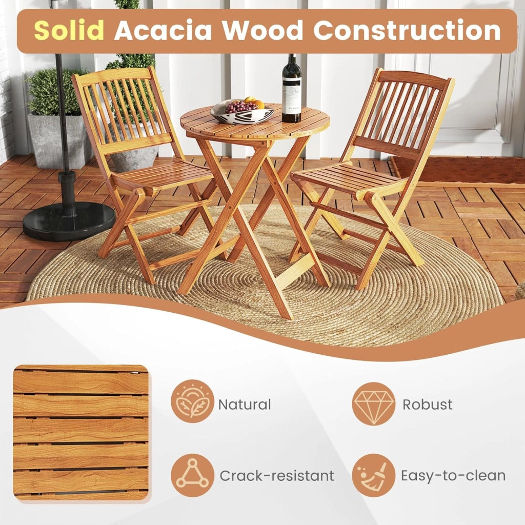 Set da Giardino 2 Posti in Legno di Acacia, Tavolo da Giardino Esterno con Sedia Pieghevole, 2 Cuscini Rimovibili, per Terrazza, Balcone, Bistrot (Grigio + Naturale)