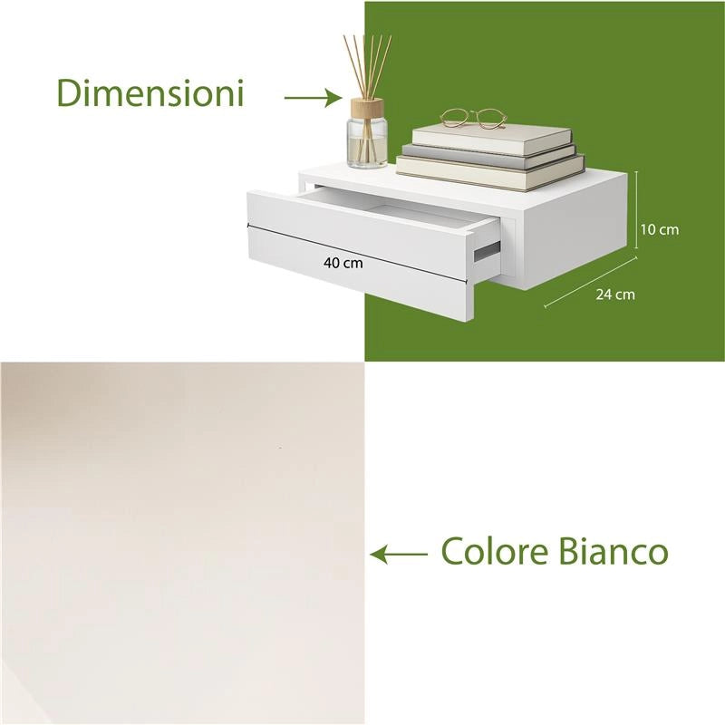 MENSOLA CON CASSETTO DA PARETE SISTEMA REGGIMENSOLA A SCOMPARSA COLORE BIANCO IN LEGNO MDF 40X24X10 CM