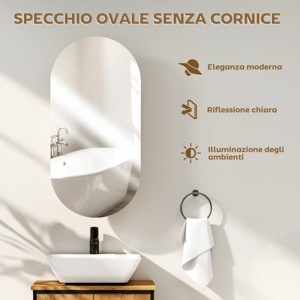 Specchio Bagno Ovale Moderno con Armadietto e Due Ripiani, 45x90 cm, Bianco