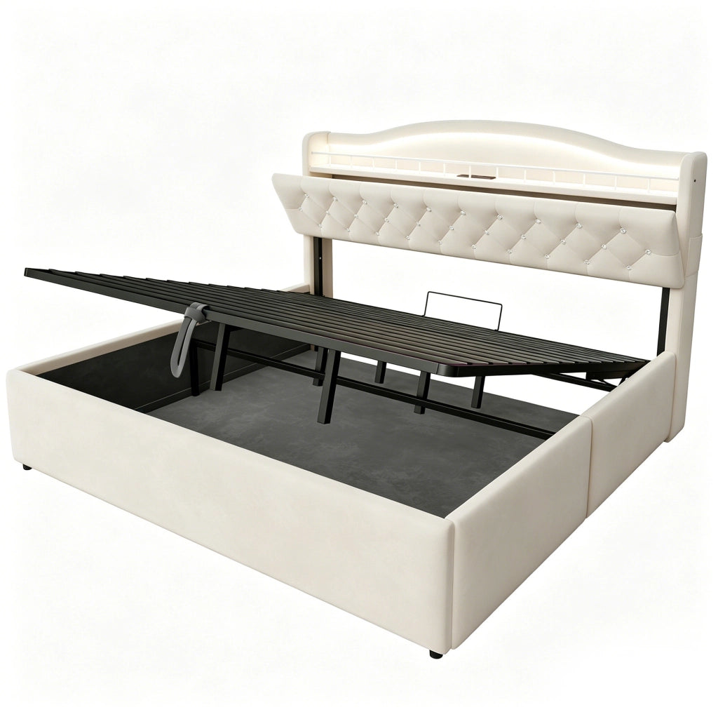 Letto imbottito 180x200 cm con contenitore idraulico, LED, USB e USB-C beige