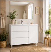 Mobile Bagno VOLUM Già Montato 3 cassetti e porta, lavabo e specchio Bianco lucido 90x40 cm
