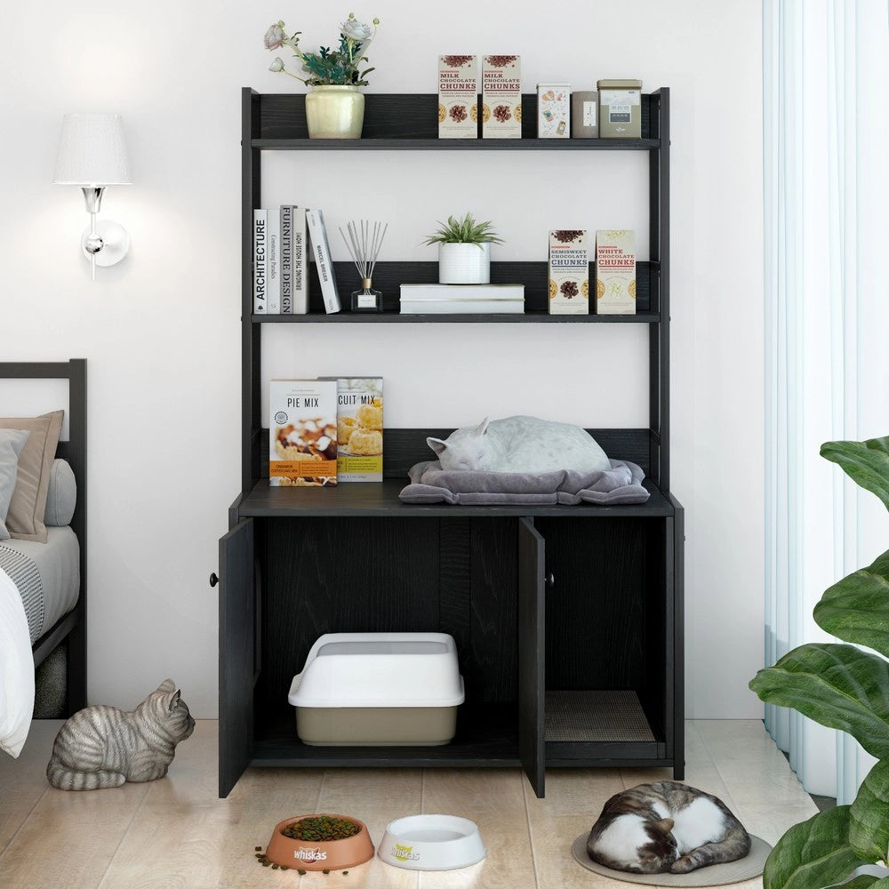 Mobile Portaoggetti per Gatti con Lettiera Nascosta ¨C MINIMAL ¨C Legno Nero, 2 Ante