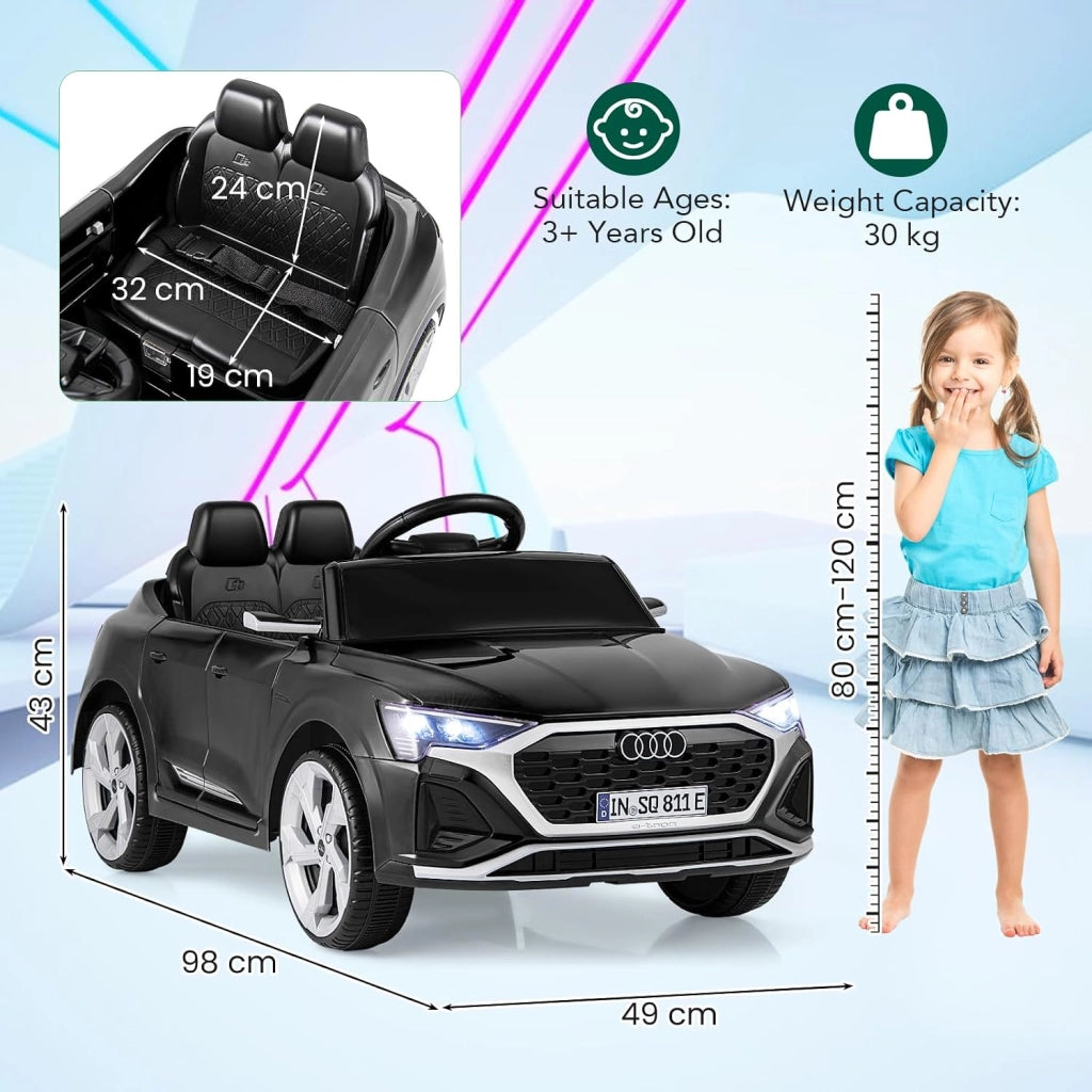 Macchina Elettrica per Bambini Audi SQ8 12V con Telecomando, Auto Elettrico a Pedale, Veicoli con Musica, Fari LED e Doppio Motore, 3 Velocità 3-5km/h, Carico 30 kg, 3+ Anni (Nero)