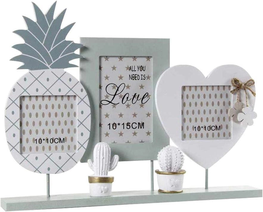 CORNICE PORTAFOTO DA APPOGGIO, MULTIFOTO 3 POSTI IN LEGNO SHABBY ANANAS E CUORE