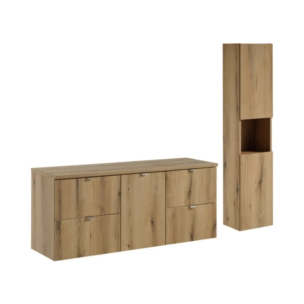 Set sospeso VANO effetto quercia 170cm: mobili sotto lavabo con cassetti e cesto per la biancheria integrato + piano per lavabo + colonna