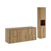 Set sospeso VANO effetto quercia 170cm: mobili sotto lavabo con cassetti e cesto per la biancheria integrato + piano per lavabo + colonna