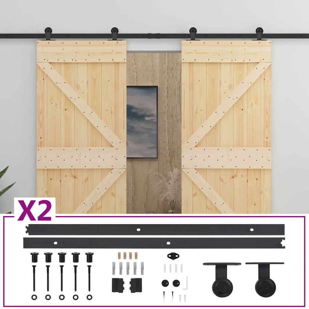 Porta scorrevole 2 pcs Naturale e Nero Legno Massello di Pino