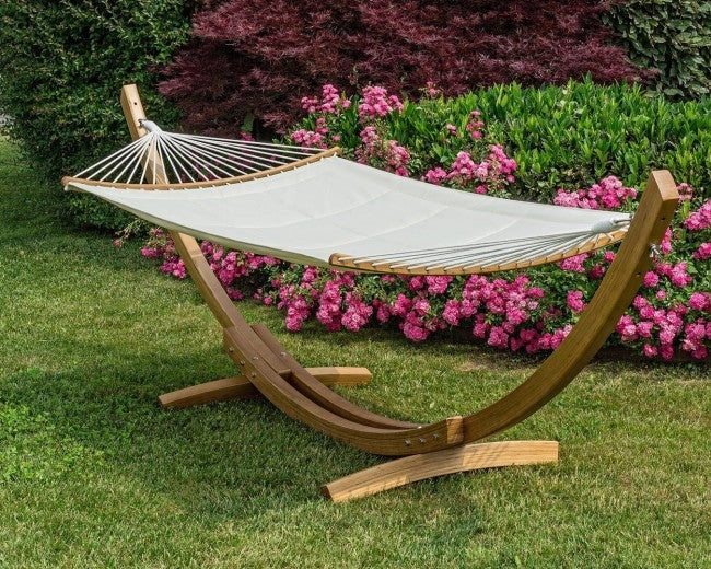 Amaca da Giardino 383x89x120h cm con Supporto di Legno in Tessuto Bianco