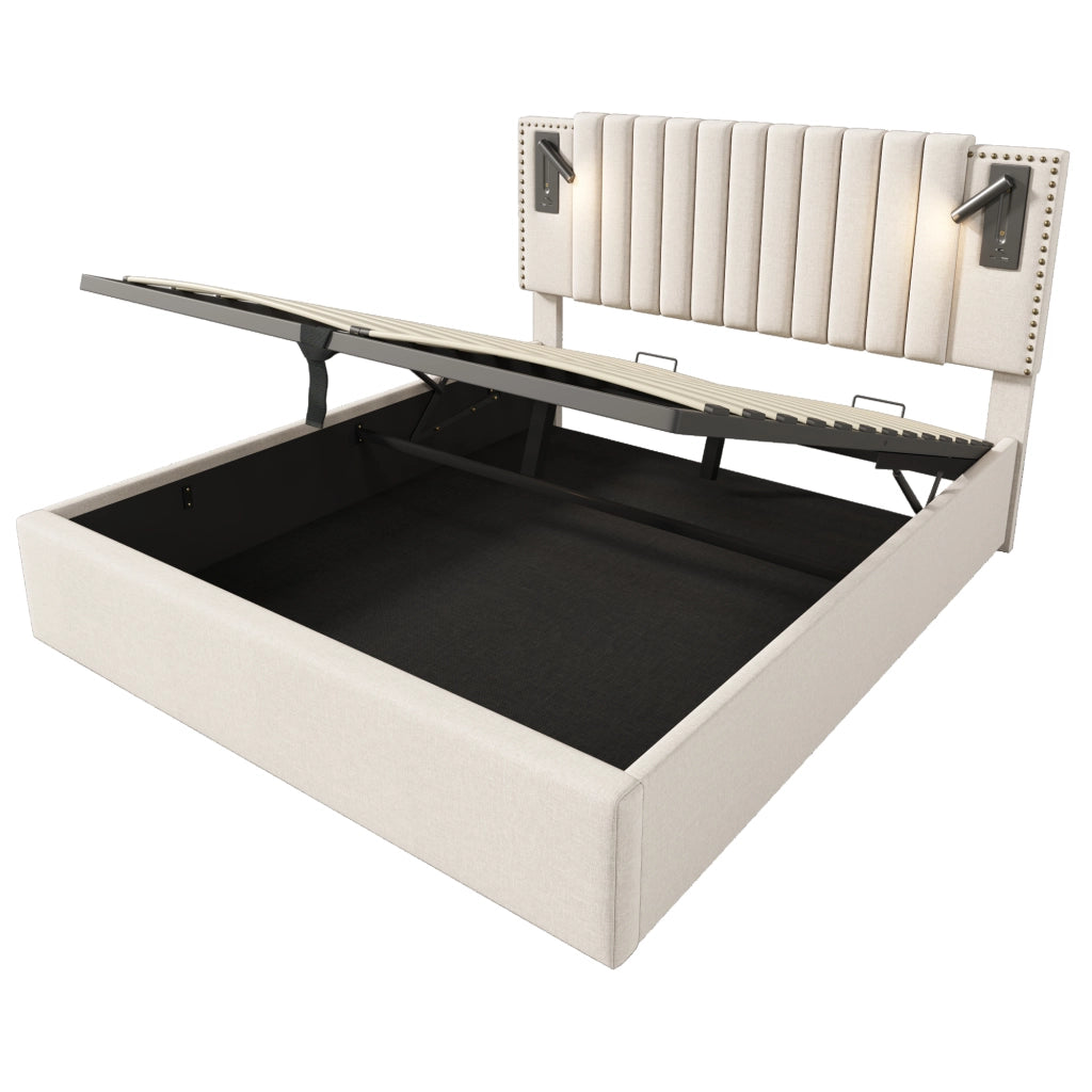 Letto imbottito 160x200 con contenitore - Zephmum- Tessuto in cotone beige, luce LED USB, testiera con borchie