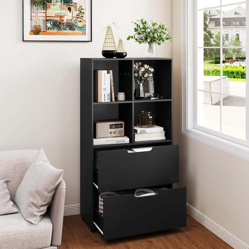 Libreria con 4 cubi e 2 cassetti, scaffale da libreria a piedi con kit antiribaltamento, mobile di stoccaggio autoportante per ufficio, soggiorno, ufficio casa (nero)