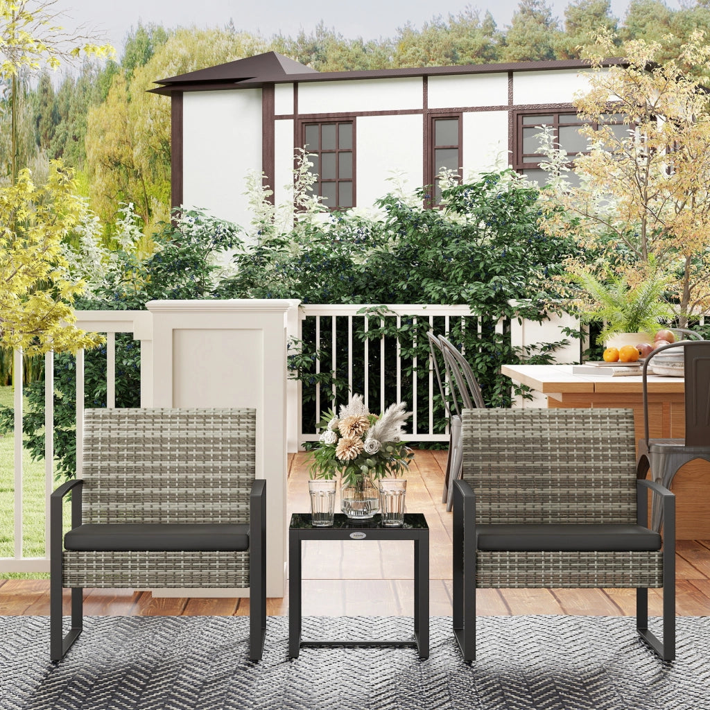 Set giardino 3 pezzi ¨C zephmum ¨C 2 sedie con cuscini + tavolino in vetro e polyrattan, grigio chiaro