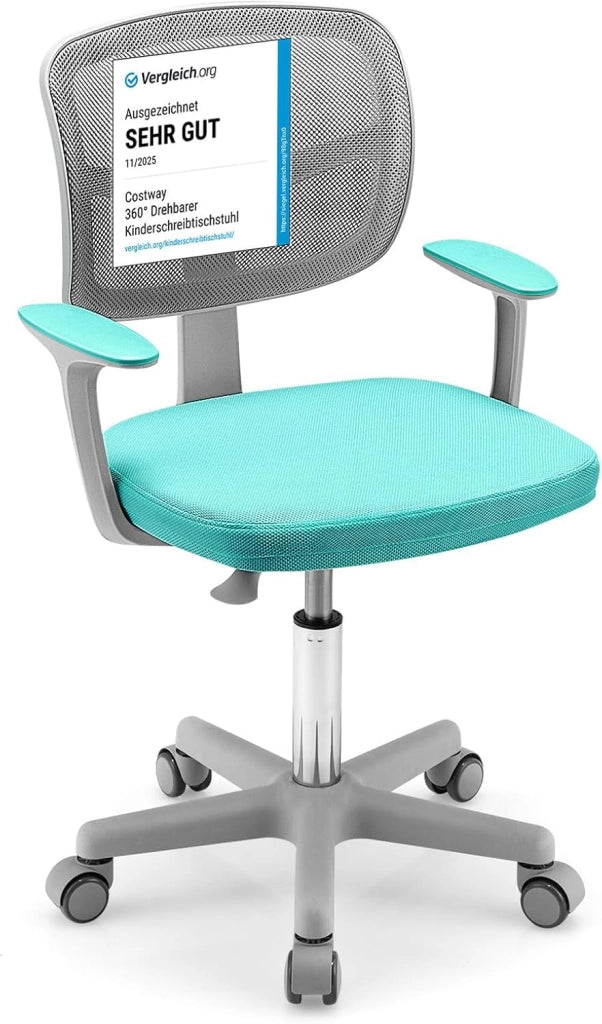 Sedia per Scrivania per Bambini, Sedia per Computer con Altezza Regolabile, Ruote, Sedile Girevole a Rete, Mobile Ergonomica per Bambini 3-10 Anni (Menta verde)