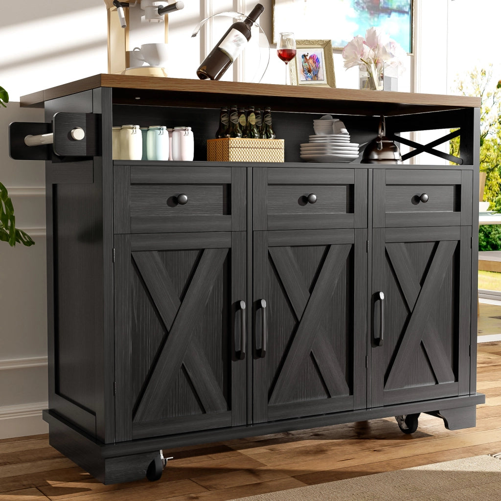 Carrello da Cucina con 3 Cassetti e 1 Anta; Piano Pieghevole; Portasciugamani e Ruote; in MDF e Metallo; Nero